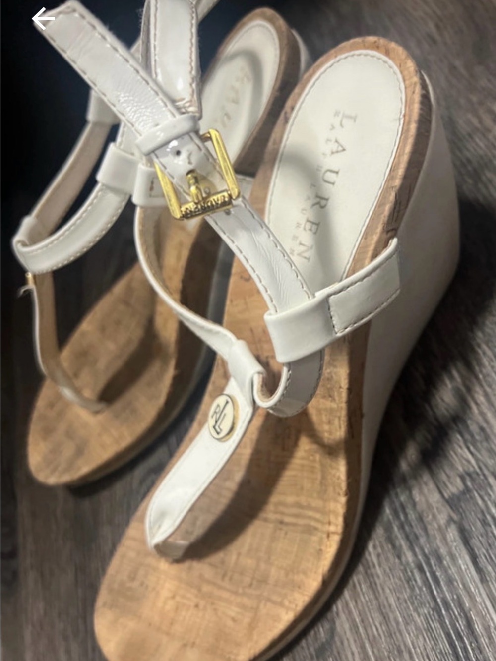 Lauren Ralph Lauren White Patent Leather Cork Wedge Sandals